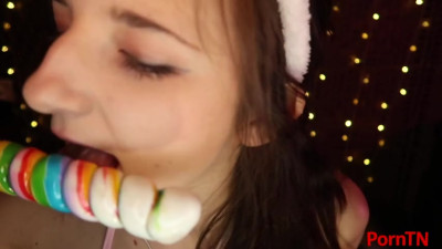 Aftyn Rose ASMR - Bunny girl suckin on a long lollipop